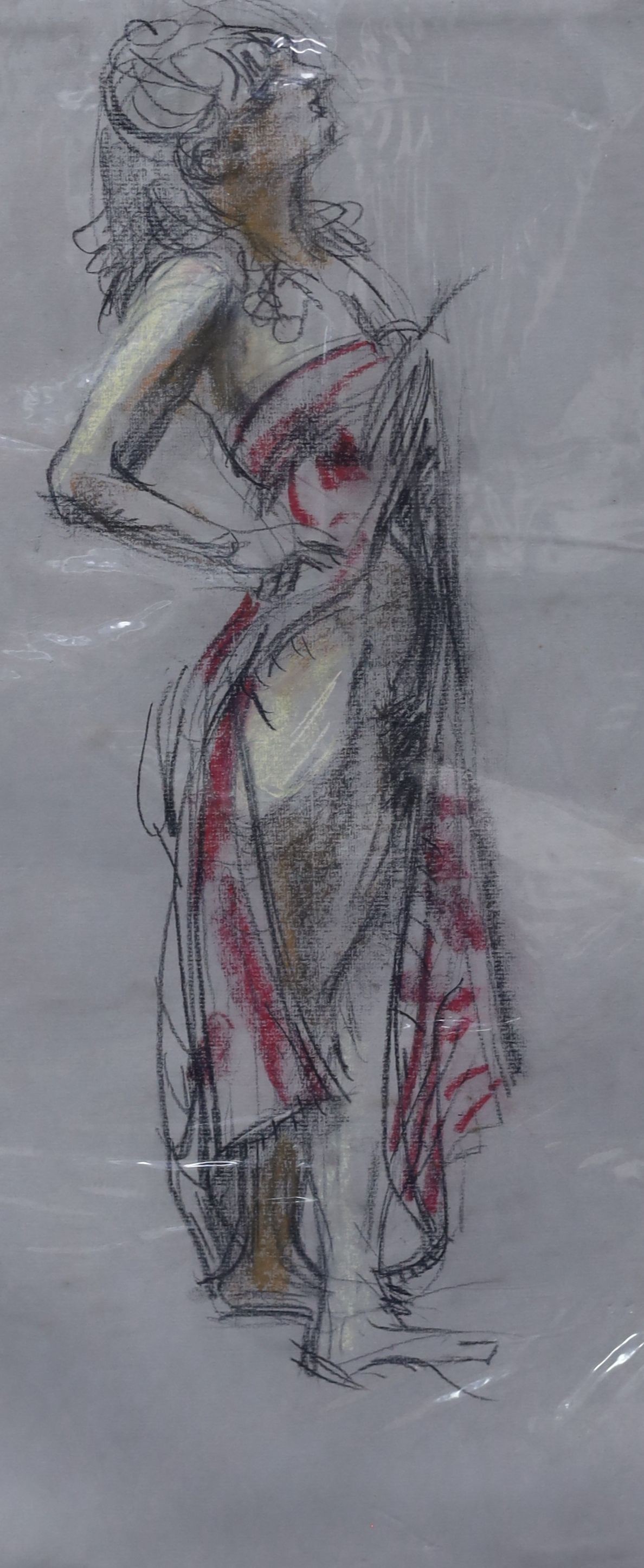 Pat Mallinson (Rowbotham), coloured chalks, Study of a standing model, inscribed verso, 50 x 21cm, unframed